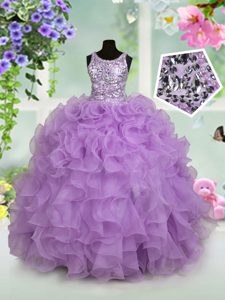 Admirable Scoop Lavender Sleeveless Ruffles and Sequins Floor Length Child Pageant Dress