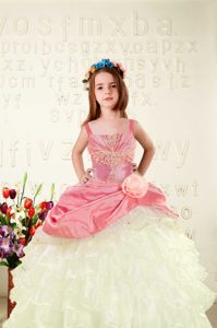 Beautiful Pink Ball Gowns Organza Straps Sleeveless Beading and Ruffled Layers and Hand Made Flower Floor Length Lace Up Pageant Dress