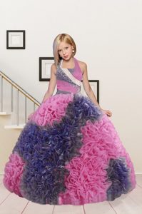 Elegant Halter Top Sleeveless Floor Length Beading and Ruffles Lace Up Pageant Dress with Pink and Dark Purple