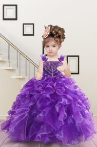 Gorgeous Beading and Ruffles Pageant Dress Wholesale Purple Lace Up Sleeveless Floor Length