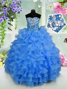 Nice Ruffled Layers and Sequins Evening Gowns Light Blue Lace Up Sleeveless Floor Length