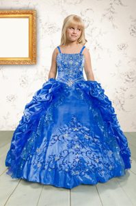 Blue Sleeveless Floor Length Beading and Appliques and Pick Ups Lace Up Little Girls Pageant Dress
