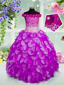 Stylish Lavender Off The Shoulder Lace Up Beading and Hand Made Flower Little Girls Pageant Dress Wholesale Sleeveless
