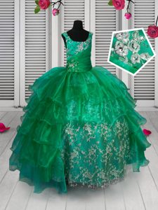Charming Floor Length Green Pageant Dress for Teens Organza Sleeveless Appliques and Ruffled Layers