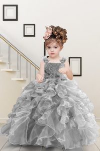 Ball Gowns Little Girl Pageant Gowns Grey Straps Organza Sleeveless Floor Length Lace Up