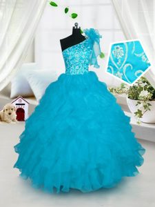 One Shoulder Turquoise Ball Gowns Embroidery and Ruffles Little Girl Pageant Gowns Lace Up Organza Sleeveless Floor Length