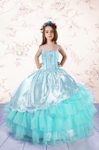 Turquoise Spaghetti Straps Lace Up Embroidery and Ruffled Layers Kids Pageant Dress Sleeveless