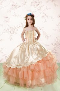 Graceful Orange Red Spaghetti Straps Lace Up Embroidery and Ruffled Layers Pageant Dress for Girls Sleeveless