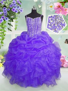 Lavender Spaghetti Straps Lace Up Beading and Ruffles and Pick Ups Little Girl Pageant Dress Sleeveless