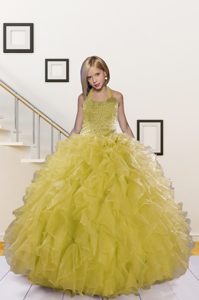Halter Top Light Yellow Ball Gowns Beading and Ruffles Evening Gowns Lace Up Organza Sleeveless Floor Length