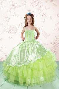Lovely Sleeveless Floor Length Embroidery and Ruffled Layers Lace Up Pageant Dress with Yellow Green