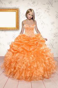 Hot Selling Orange Spaghetti Straps Neckline Beading and Ruffles and Pick Ups Little Girls Pageant Gowns Sleeveless Lace Up