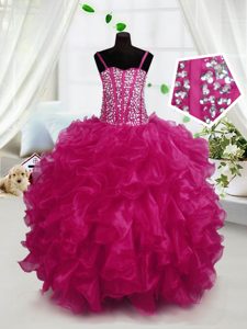 Hot Pink Lace Up Child Pageant Dress Beading and Ruffles Sleeveless Floor Length
