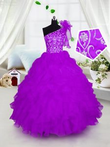 Floor Length Fuchsia Pageant Dresses One Shoulder Short Sleeves Lace Up