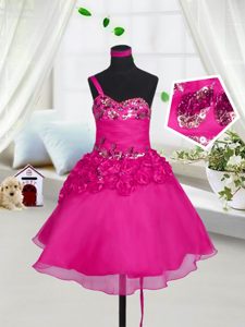 Sleeveless Knee Length Beading and Hand Made Flower Lace Up Kids Pageant Dress with Fuchsia