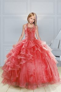 Halter Top Red Organza Lace Up Little Girls Pageant Gowns Sleeveless Floor Length Beading and Ruffles