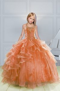 High Class Halter Top Orange Lace Up Girls Pageant Dresses Beading and Ruffles Sleeveless Floor Length