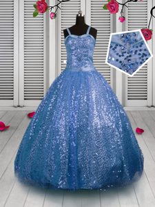 Baby Blue Ball Gowns Sequined Straps Sleeveless Sequins Floor Length Lace Up Little Girls Pageant Gowns
