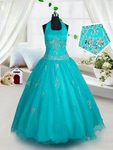 Elegant Baby Blue Spaghetti Straps Neckline Embroidery and Ruffled Layers Child Pageant Dress Sleeveless Lace Up