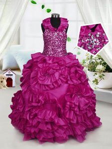Cheap Halter Top Beading and Ruffles Little Girls Pageant Dress Wholesale Fuchsia Zipper Sleeveless Floor Length