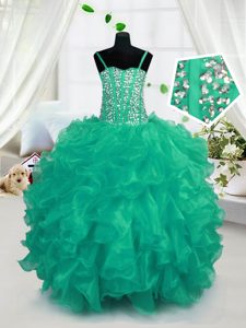 Dramatic Sleeveless Floor Length Beading and Ruffles Lace Up Pageant Gowns with Turquoise