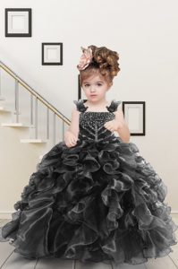 Beading and Ruffles Little Girls Pageant Dress Wholesale Black Lace Up Sleeveless Floor Length