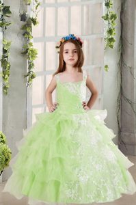 Yellow Green Ball Gowns Lace and Ruffled Layers Little Girls Pageant Dress Lace Up Organza Sleeveless Floor Length