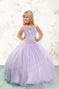 Lavender Sleeveless Floor Length Beading Lace Up Little Girls Pageant Gowns