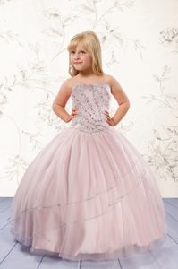 Fancy Ball Gowns Little Girls Pageant Dress Wholesale Baby Pink Strapless Tulle Sleeveless Floor Length Lace Up