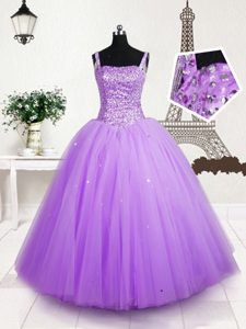 Attractive Lilac Tulle Lace Up Straps Sleeveless Floor Length Little Girls Pageant Dress Wholesale Beading and Sequins