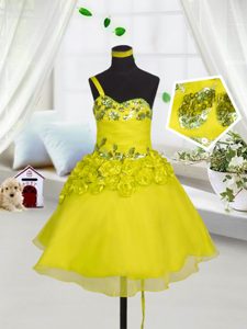 Excellent Yellow Lace Up Pageant Dress Beading and Appliques and Hand Made Flower Sleeveless Mini Length