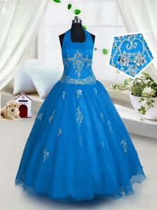 Custom Designed Halter Top Aqua Blue A-line Appliques Child Pageant Dress Lace Up Tulle Sleeveless Floor Length
