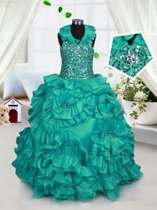 Attractive Turquoise Zipper Halter Top Beading and Ruffles Pageant Dresses Taffeta Sleeveless