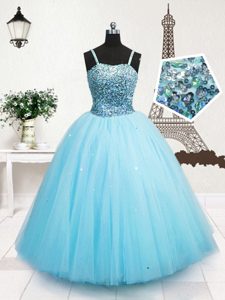 Sequins Turquoise Sleeveless Tulle Zipper Little Girls Pageant Dress for Party and Wedding Party