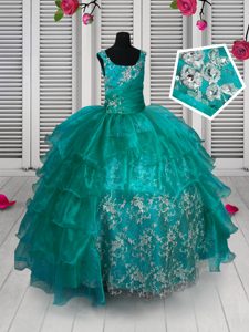 Custom Fit Ruffled Straps Sleeveless Lace Up Pageant Dress for Teens Turquoise Organza