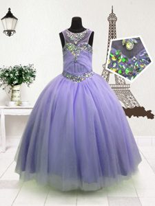 Sleeveless Floor Length Beading Zipper Kids Formal Wear with Lavender