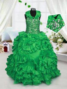Exquisite Halter Top Green Ball Gowns Beading and Ruffles Pageant Dress Wholesale Zipper Taffeta Sleeveless Floor Length