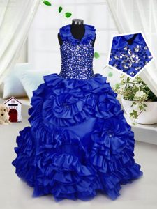 Halter Top Royal Blue Ball Gowns Beading and Ruffles Girls Pageant Dresses Zipper Taffeta Sleeveless Floor Length