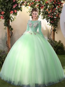 Wonderful Scoop Apple Green Long Sleeves Appliques Floor Length Quinceanera Gowns
