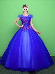 Tulle Scoop Short Sleeves Lace Up Appliques Vestidos de Quinceanera in Blue