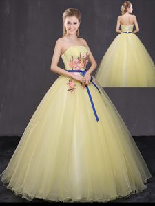 Floor Length Lace Up 15 Quinceanera Dress Yellow and In for Military Ball and Sweet 16 and Quinceanera with Appliques