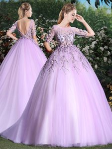 Simple Scoop Short Sleeves With Train Appliques Backless Ball Gown Prom Dress with Lilac Brush Train