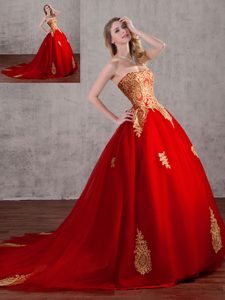 Red Strapless Neckline Appliques Sweet 16 Quinceanera Dress Sleeveless Lace Up