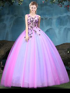 Sleeveless Floor Length Appliques Lace Up Quinceanera Gowns with Multi-color