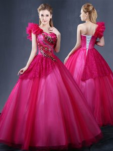 Great Fuchsia Lace Up One Shoulder Lace and Appliques and Ruffles Sweet 16 Dresses Tulle Sleeveless