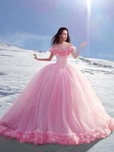 Wonderful Off the Shoulder Rose Pink Ball Gowns Hand Made Flower 15 Quinceanera Dress Lace Up Tulle Cap Sleeves