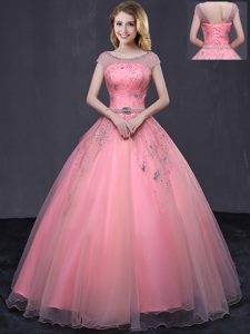 Fantastic Scoop Lavender 3|4 Length Sleeve Floor Length Appliques Lace Up Quinceanera Dress