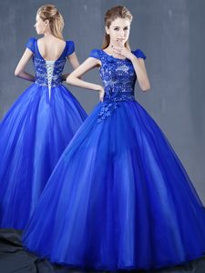 Floor Length Royal Blue 15th Birthday Dress Organza Short Sleeves Lace and Appliques