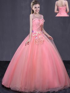 Spectacular Watermelon Red Scoop Lace Up Beading and Appliques Quinceanera Gowns Sleeveless