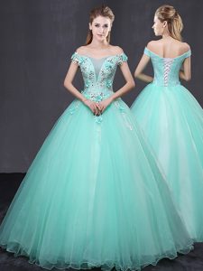 Fantastic Off the Shoulder Sleeveless Lace Up Floor Length Appliques 15th Birthday Dress